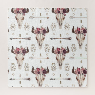 Boho Wasserfarbe: Pfeile, Schädelmuster. Puzzle