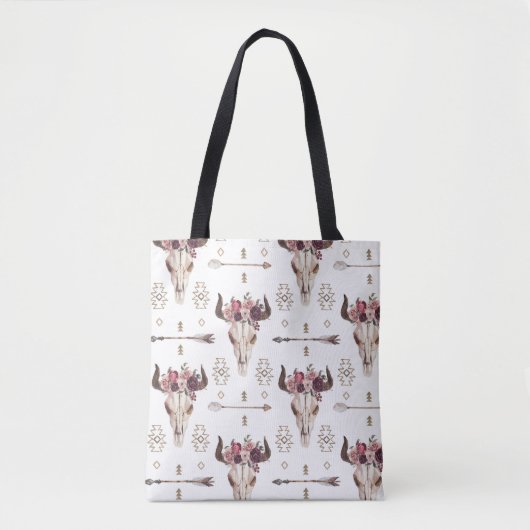 Boho Wasserfarbe: Pfeile, Schädelmuster. Tasche (Vorderseite)