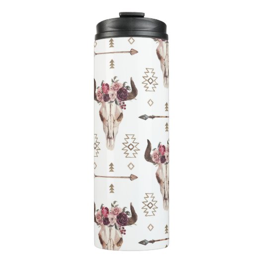 Boho Wasserfarbe: Pfeile, Schädelmuster. Thermosbecher (Vorderseite)