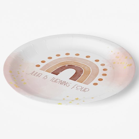 Boho Wasserfarbe Regenbogen Birthday Pappteller (Schrägansicht)