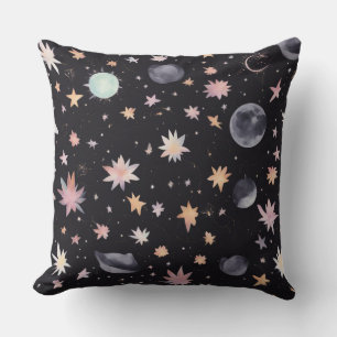 Boho-Wasserfarbe Sterne und Mond Himmelsmuster Kissen