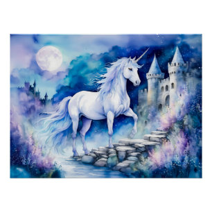 Boho Wasserfarbe Weißes Einhorn Nähe Altes Schloss Poster
