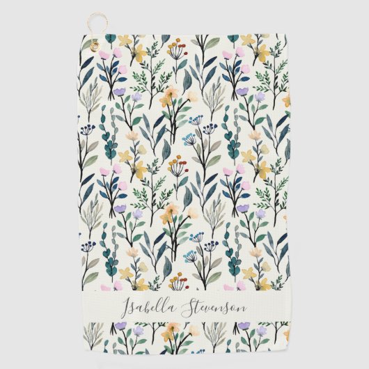 Boho-Wasserfarbe-Wildblume Personalisierter Name Golfhandtuch (Vorderseite)