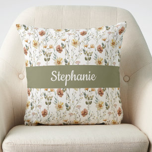 Boho-Wasserfarbe-Wildblumen-Monogramm-Name Kissen