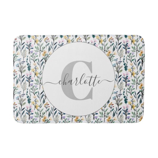 Boho Wasserfarbe Wildblumen Muster Monogramm Name Badematte (Vorderseite)