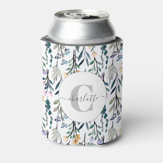 Boho Wasserfarbe Wildblumen Muster Monogramm Name Dosenkühler (Kanne Rückseite)
