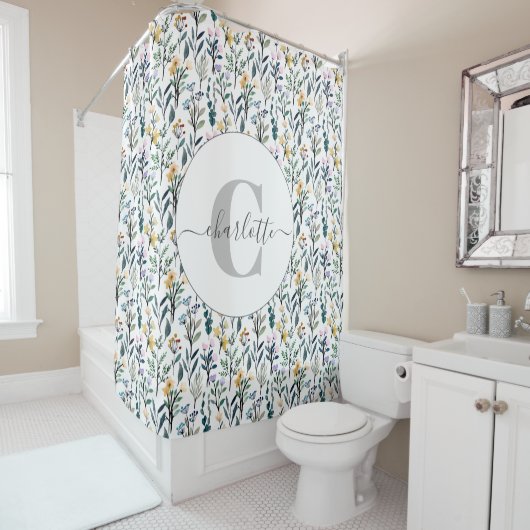 Boho Wasserfarbe Wildblumen Muster Monogramm Name Duschvorhang (Beispiel)