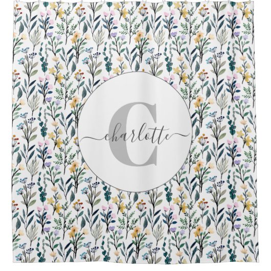 Boho Wasserfarbe Wildblumen Muster Monogramm Name  Duschvorhang (Vorderseite)