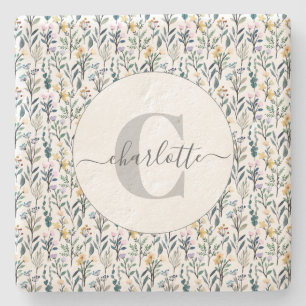 Boho Wasserfarbe Wildblumen Muster Monogramm Name  Steinuntersetzer