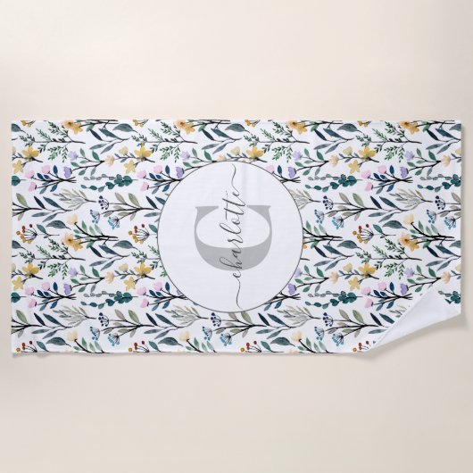 Boho Wasserfarbe Wildblumen Muster Monogramm Name Strandtuch (Vorderseite)