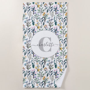 Boho Wasserfarbe Wildblumen Muster Monogramm Name Strandtuch