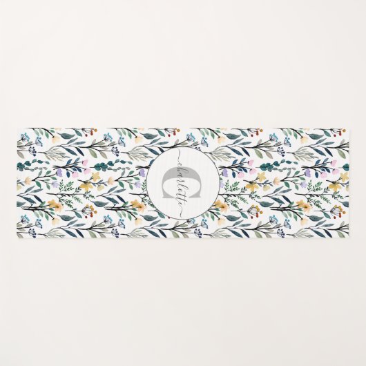 Boho Wasserfarbe Wildblumen Muster Monogramm Name Yogamatte (Vorderseite (Horizontal))