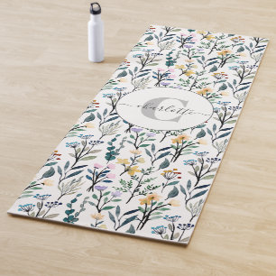Boho Wasserfarbe Wildblumen Muster Monogramm Name Yogamatte