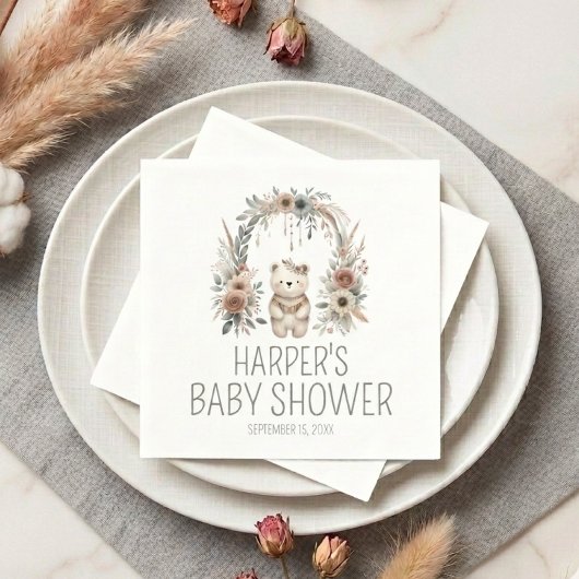 Boho-Wasserfarben-Bär-Baby-Party Serviette