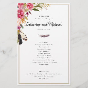 Boho Wasserfarben-Blume + Feathers, Papierprogramm Flyer