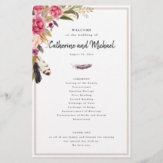 Boho Wasserfarben-Blume + Feathers, Papierprogramm Flyer (Vorne)