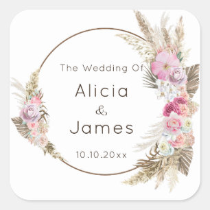 Boho-Wasserfarben-Blumen & Federn Quadratischer Aufkleber