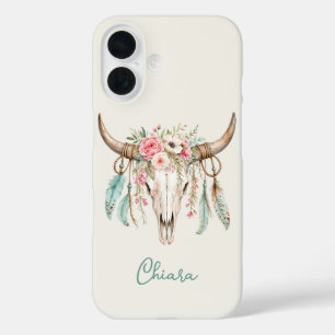 Boho-Wasserfarben-Blumen-Kuh-Schädel iPhone 16 Hülle