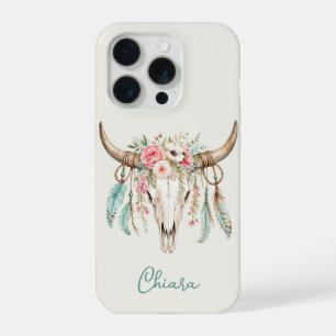 Boho-Wasserfarben-Blumen-Kuh-Schädel iPhone 15 Pro Hülle