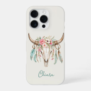 Boho-Wasserfarben-Blumen-Kuh-Schädel iPhone 16 Pro Hülle