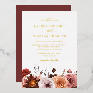 Boho-Wasserfarben-Herbst-Blumengirlande-Hochzeit i Folieneinladung