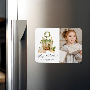 Boho-Wasserfarben-Kamin mit Grünpflanzen-Foto Magnet