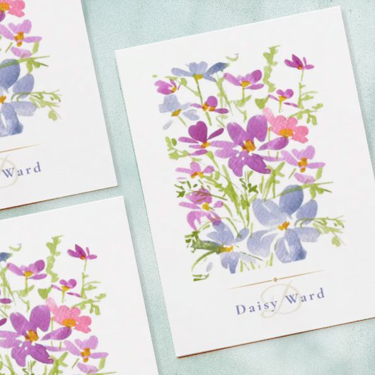 Boho-Wasserfarben-Wildblumen-Monogramm-Notizkarte Karte