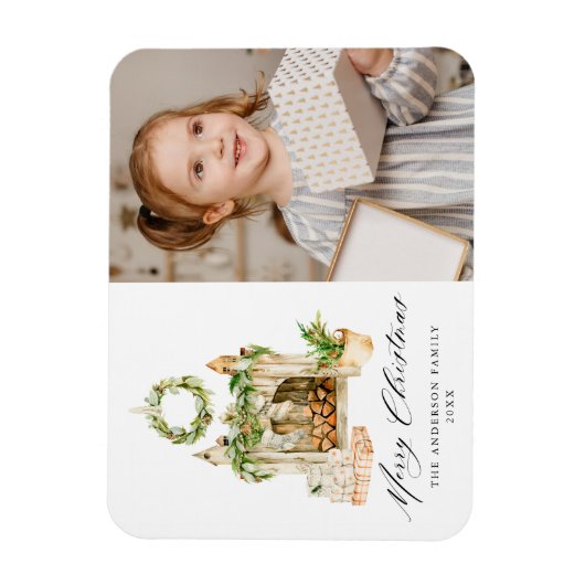 Boho Wasserfarbener Kamin mit grünem Foto Magnet (Vertikal)