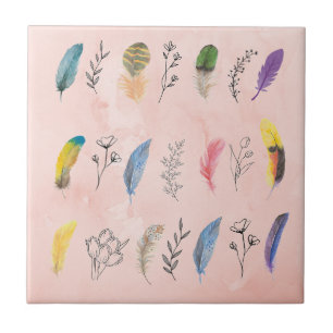 Boho-Wasserfarbenfedern mit floralen Linienzeichnu Fliese
