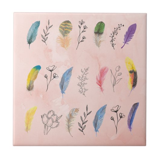 Boho-Wasserfarbenfedern mit floralen Linienzeichnu Fliese (Vorderseite)