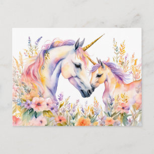 Boho Wasserfarbtender Einhorn und Baby in Blume Postkarte