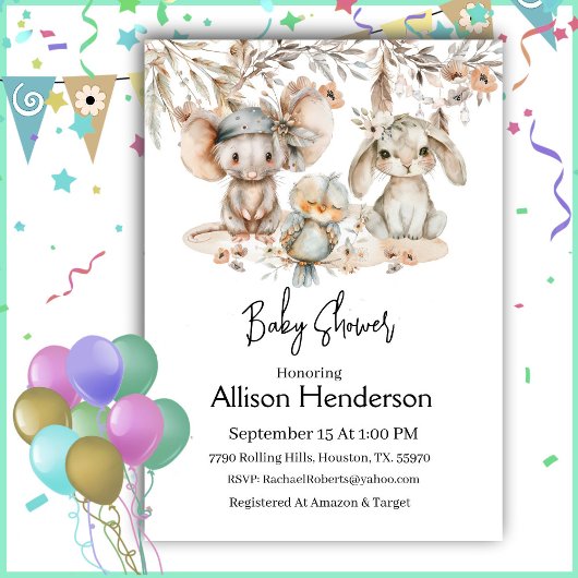 Boho Watercolor Animal Baby Shower Einladung