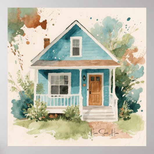 Boho Watercolor Aquamarin Blue House Poster (Vorne)