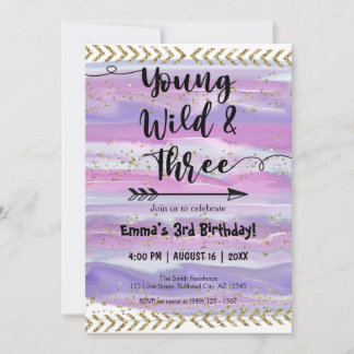 Boho Watercolor Arrow Young Wild Drei Geburtstage Einladung