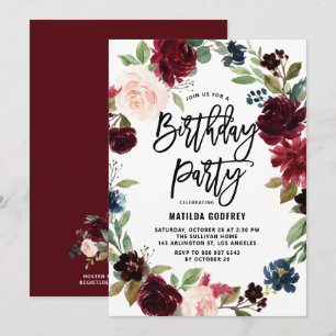 Boho Watercolor Autumn Floral Wreath Birthday Einladung