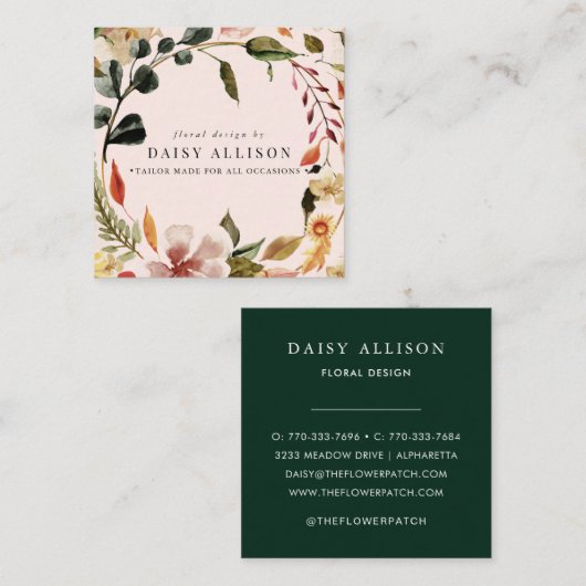 Boho Watercolor Autumn Florals Quadratische Visitenkarte (Vorne/Hinten)