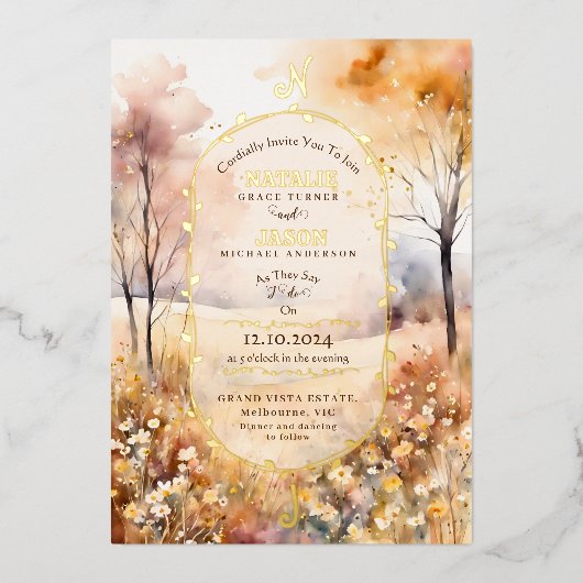 Boho Watercolor Autumn Nature Monogram Wedding Folieneinladung (Vorderseite)