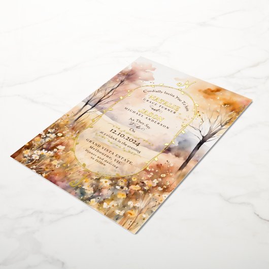 Boho Watercolor Autumn Nature Monogram Wedding Folieneinladung (Gedreht)