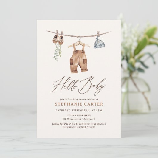 Boho Watercolor Baby Clothes Boy Babydusche Einladung (Stehend Vorderseite)