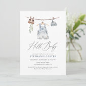 Boho Watercolor Baby Clothes Boy Babydusche Einladung (Stehend Vorderseite)