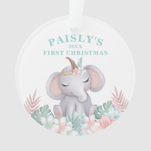 Boho Watercolor Baby Elephant Christmas Foto Ornament (Vorderseite)