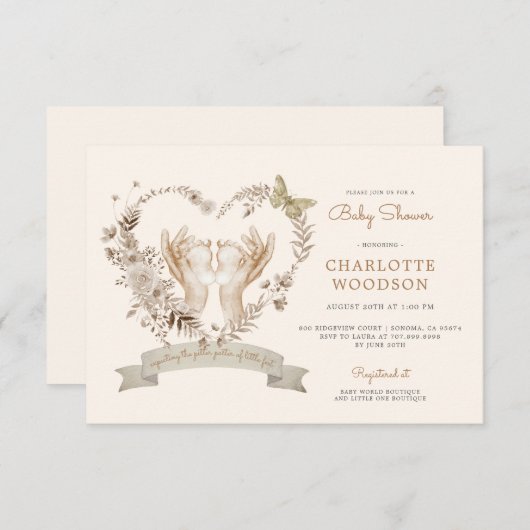 Boho Watercolor Baby Shower Baby Feet Einladung (Vorne/Hinten)