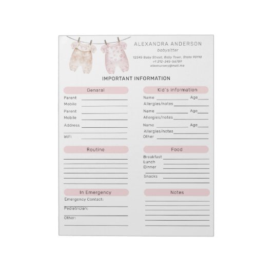Boho Watercolor Babysitter Info Sheet Notizblock (Rotiert)
