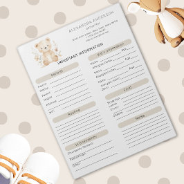 Boho Watercolor Bear Babysitter Info Sheet Notizblock