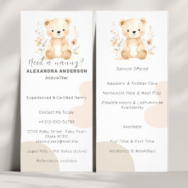 Boho Watercolor Bear Babysitter Service Werbekarte