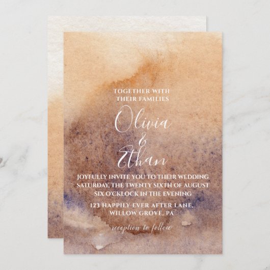 Boho Watercolor Beige Rustikale Moderne Hochzeit  Einladung (Vorne/Hinten)