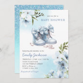Boho Watercolor Blue Baby Shoes Blumenjungen Baby Einladung (Vorne/Hinten)