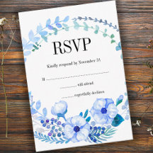 Boho Watercolor Blue Floral Wedding RSVP Card