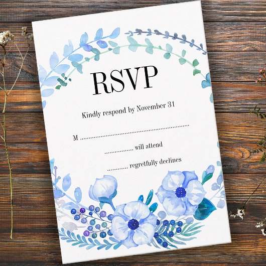 Boho Watercolor Blue Floral Wedding RSVP Card Karte