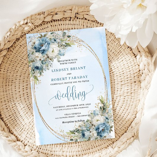 Boho Watercolor Blue Flowers Gold Wedding Invite Einladung